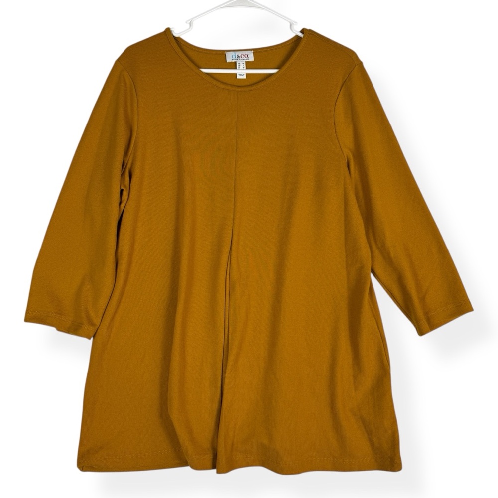 D & Co Denim & Co‎ Tunic Top Womens M Medium 3/4 Sleeve Mustard Gold Stretch